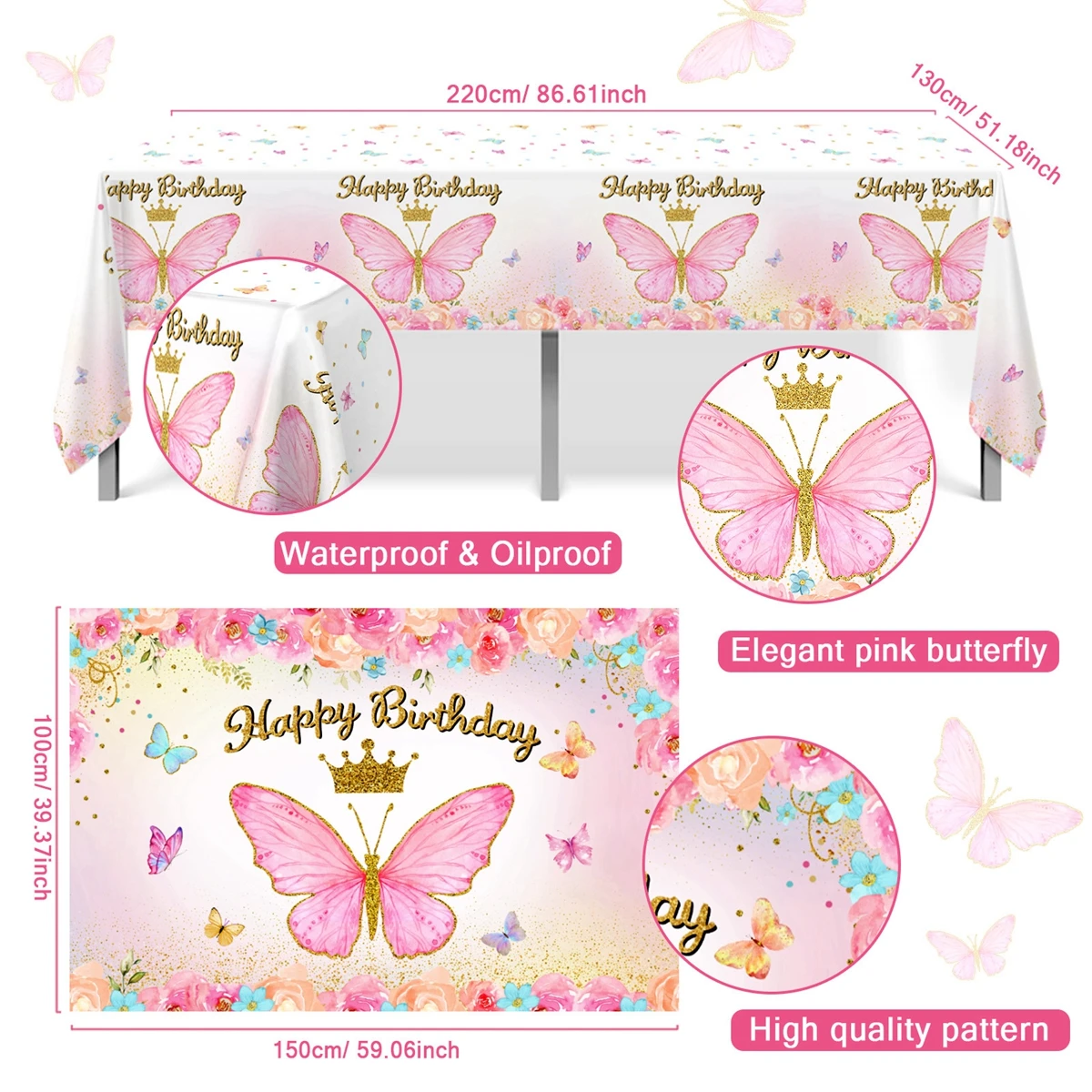 Pink Purple Butterfly Birthday Party Decoration Backdrop Tablecloth Balloons Baby Shower Kids Girls Birthday Party Supplies