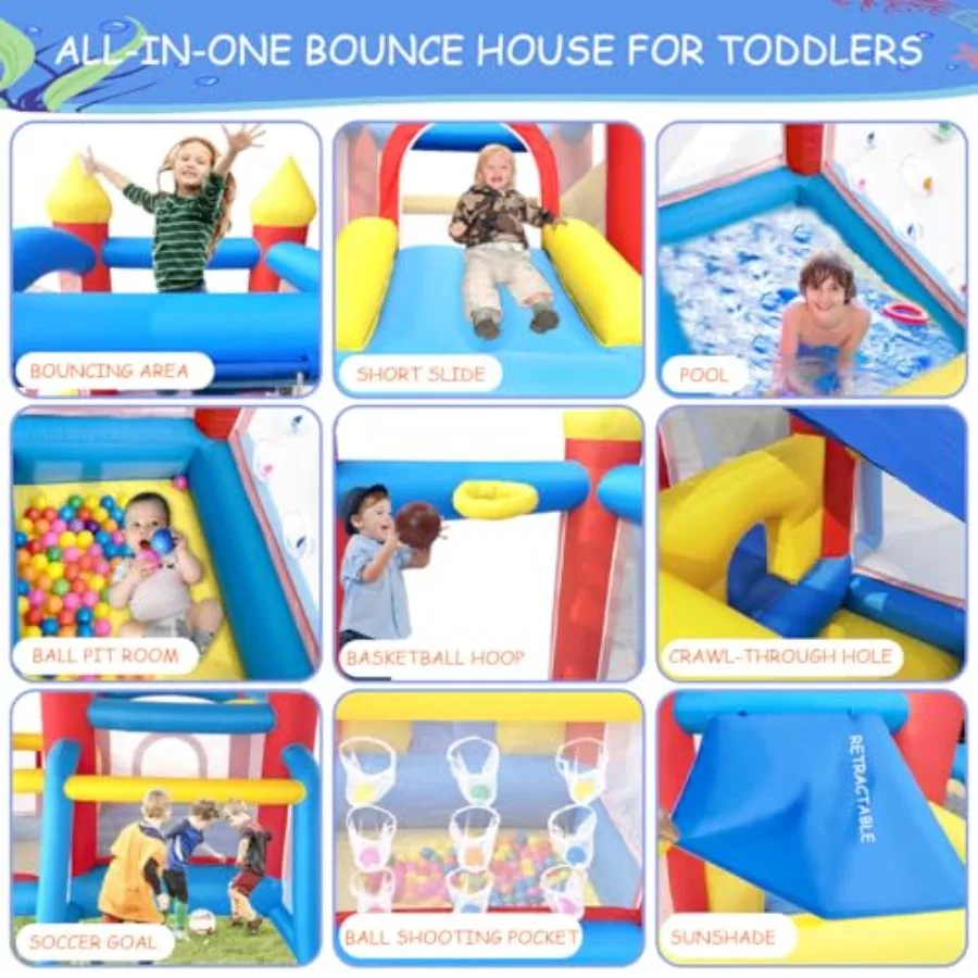 Casa inflable de rebote para niños de 3 a 6 años, jersey para niños pequeños con tobogán y piscina de bolas (con cubierta solar), perfecta para exteriores I