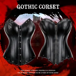 Espartilhos de couro falso para mulheres, bustier gótico plus size, traje gótico preto, parte superior do espartilho steampunk, overbust sexy