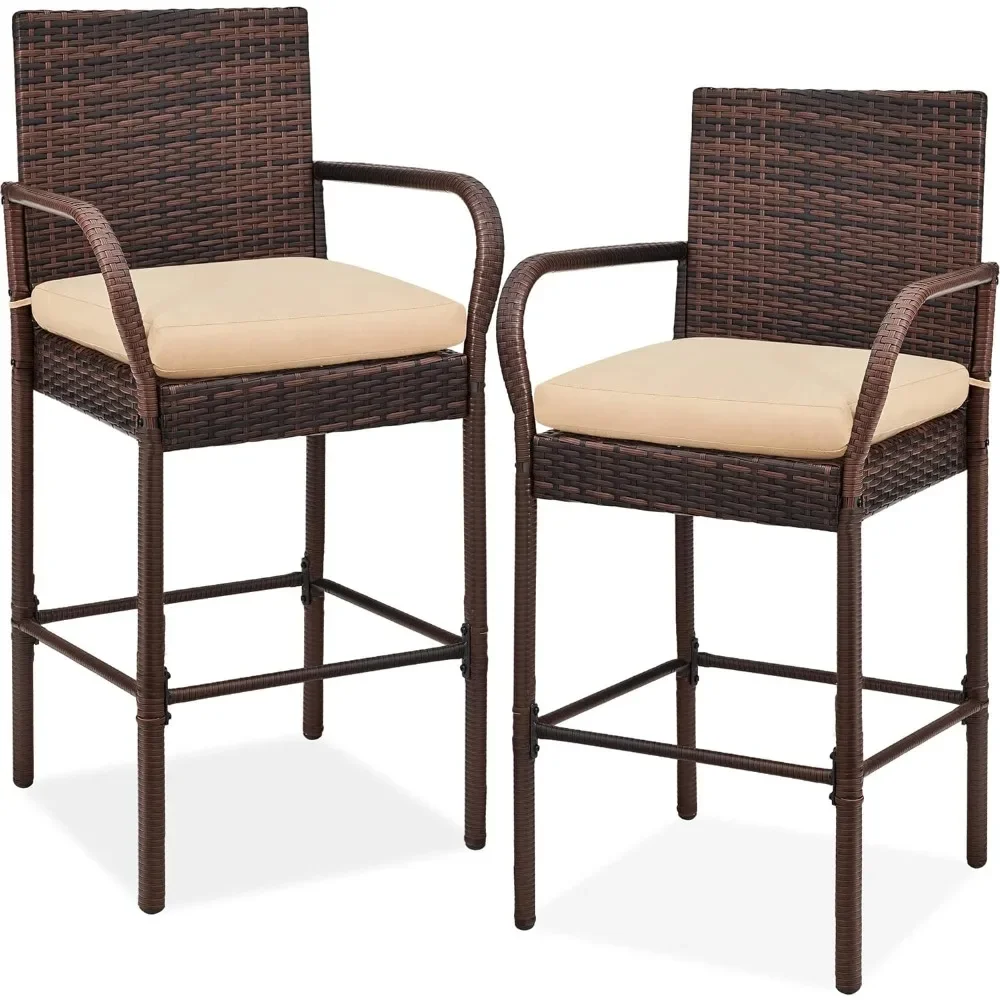 

Set of 2 Wicker Bar Stools, Indoor Outdoor Bar Height Chairs w/Cushion, Footrests, Armrests for Backyard, Patio, Pool, Garden