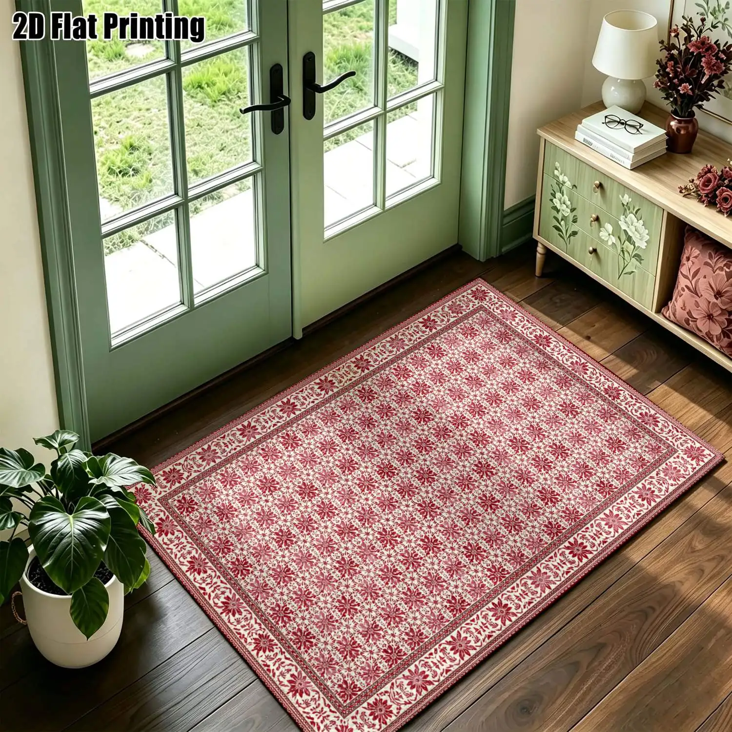 1Pc 2D Printed Burgundy Retro Floral Carpet: European/Bohemian Style, Home Decor, Multi-Size, Machine Washable, Multi-Scene Use