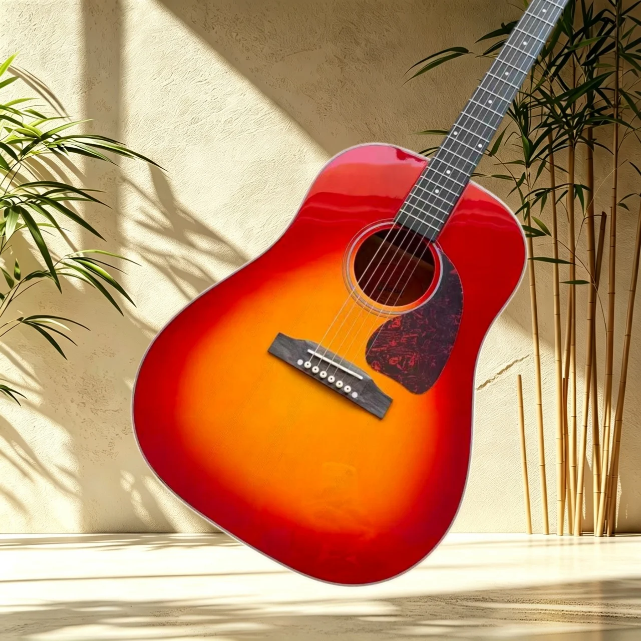 J45 Round Shoulder Red Orange Gradient Acoustic Guitar Spruce Top Mahogany Side Back Rosewood Fretboard Gloss Finish Folk