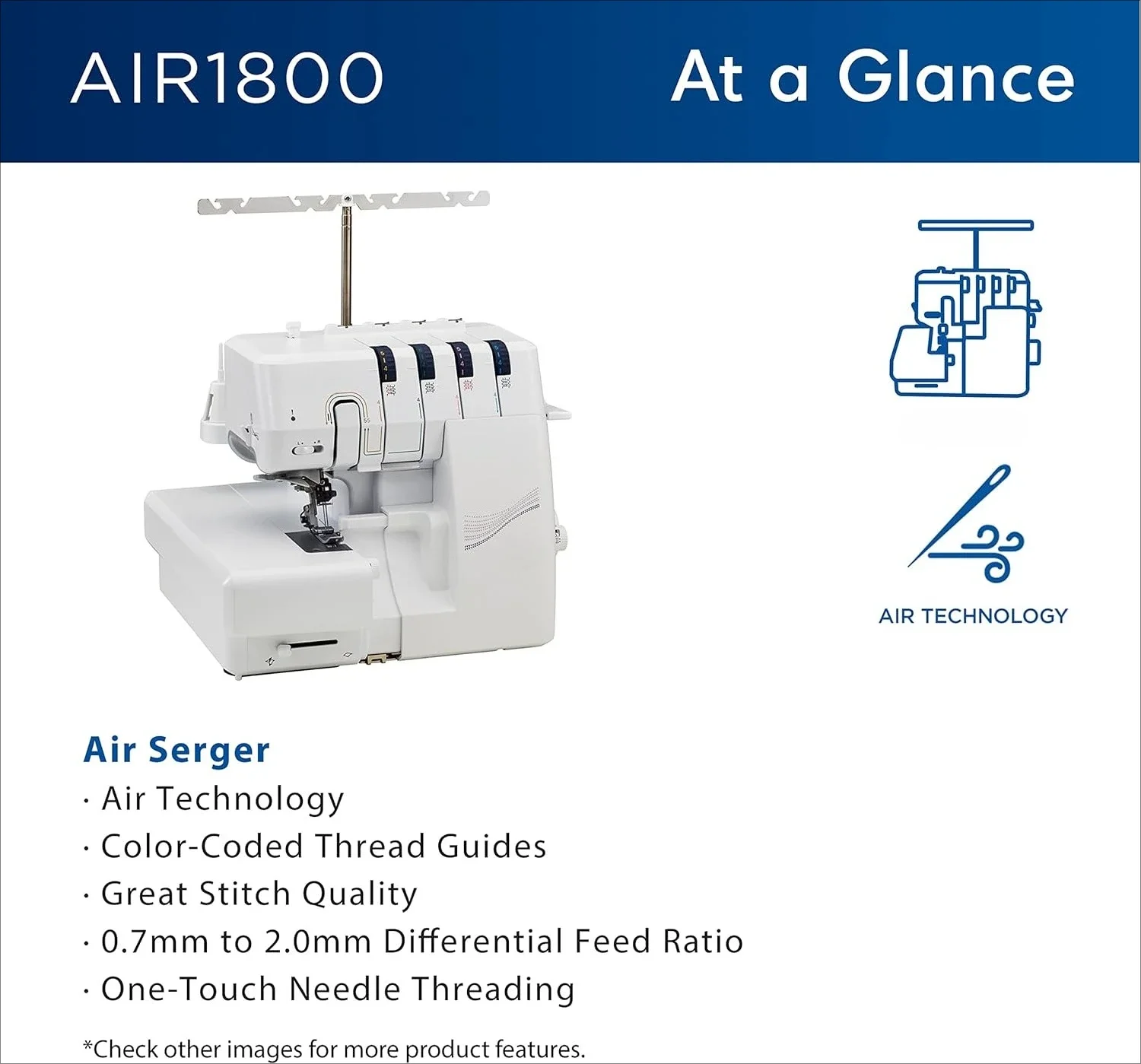 

Пневматический оверлок AIR1800 с функцией Jet Air Threading, 2/3/4 нити, рабочая зона с LED-подсветкой