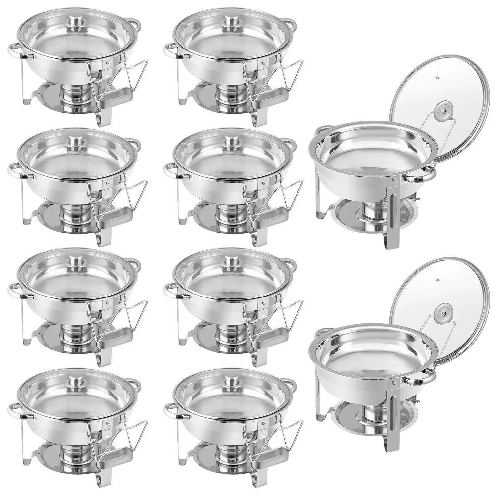 

10 Pack Chafing Dish Buffet Set Round w Glass Lid & Lid Holder for Wedding Party