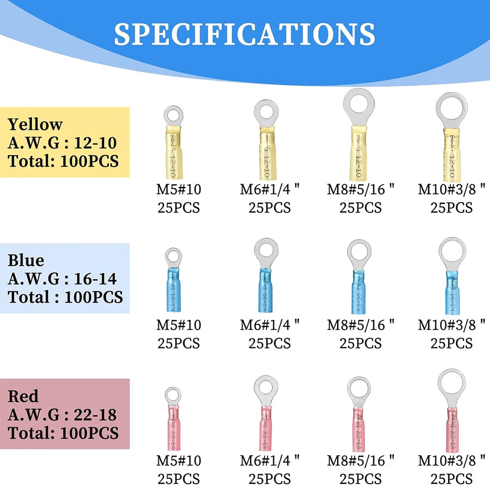 300PCS Heat Shrink Ring Connectors Insulated Electrical Crimp Heat Shrink Wire Connectors Automotive Copper Ring Terminals Kit