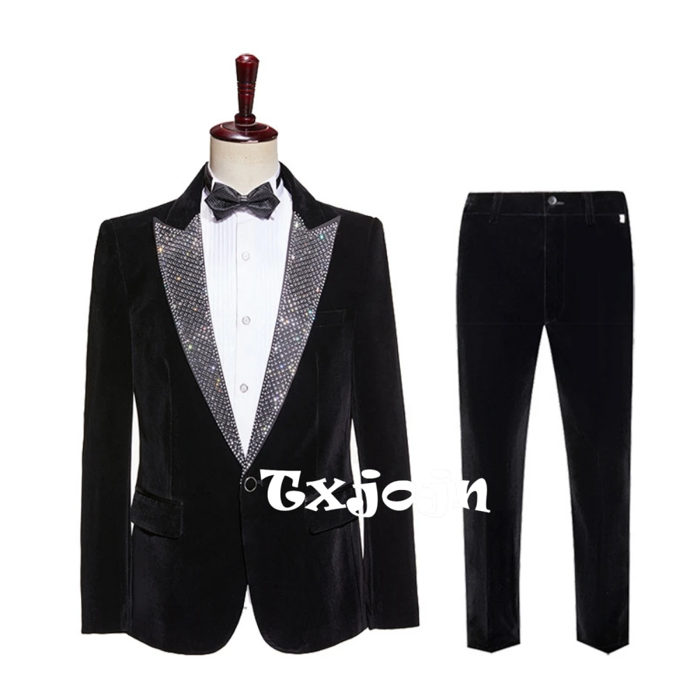 

Black Elegant Beaded Men's Velvet Suit Set 2 Pieces Wedding Groom Sets Autumn Peak Lapel Slim Fit Suits Banquet Party Wear