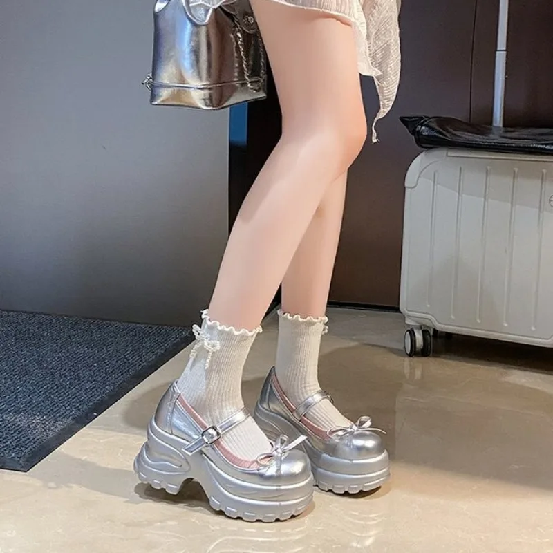 

8.5CM High Women's Mary Jane Shoe Chunky Platform Butterfly-Knot Slip-on High Heels Women Punk Thick Bottom Casual Shoes Tacones