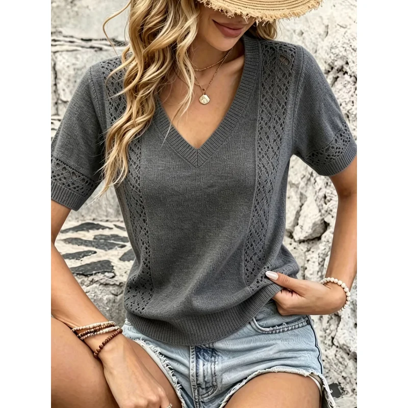 

Elegant Western Top Retro Chic High End Hollow Short Sleeve Shirt Women'S Summer New Thin And Slim-Shirt