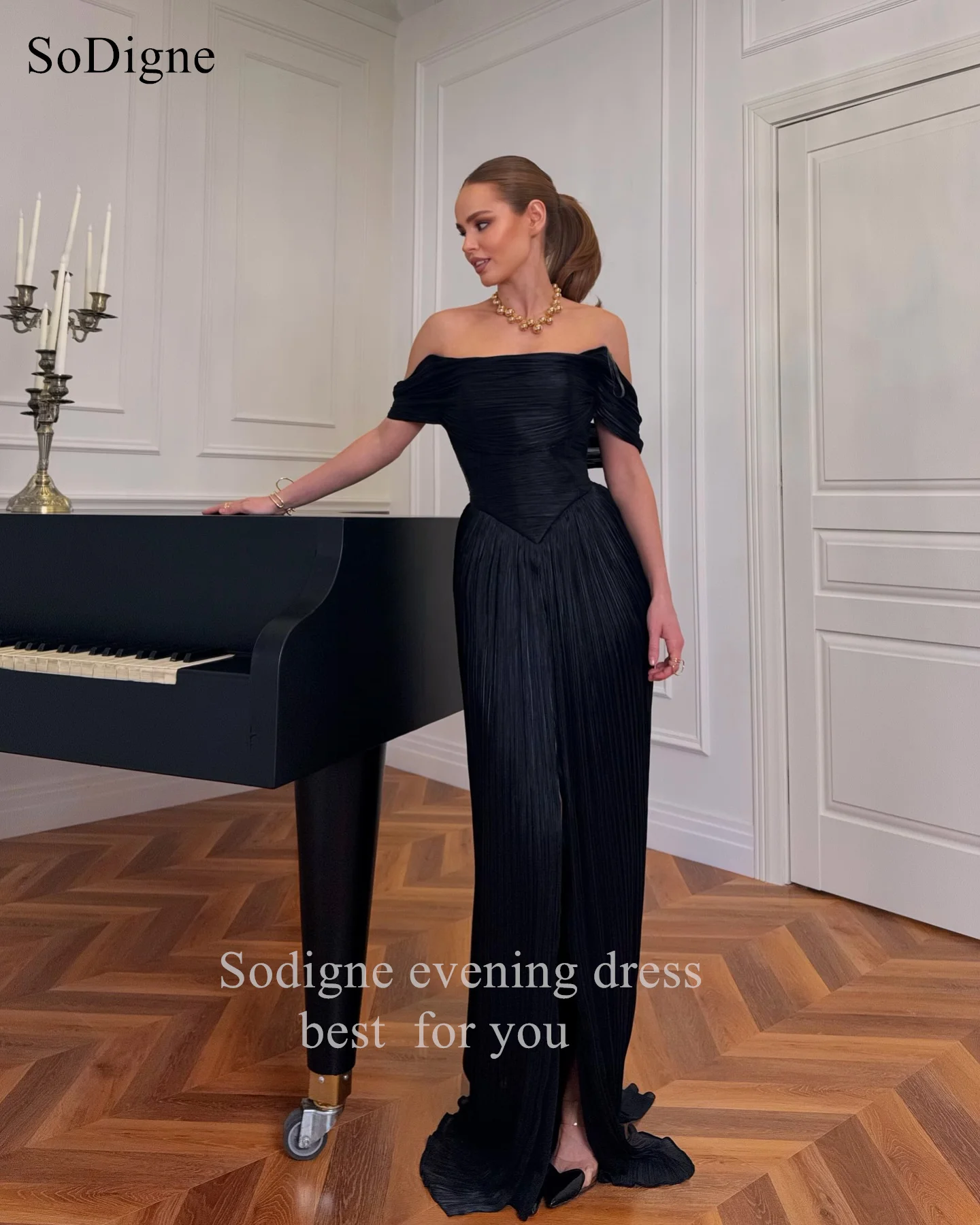 SoDigne Elegant Black Evening Dresses Off The Shoulder Sleeveless Slit Party Dress Pleats Mermaid Prom Gowns Customized