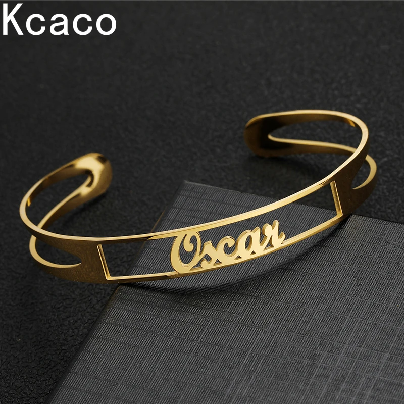 Customized 6mm Width Gold Plated Name Bracelet 190mm Length Adjustable Stainless Steel Men Women Letter Bangle Birthday Gift