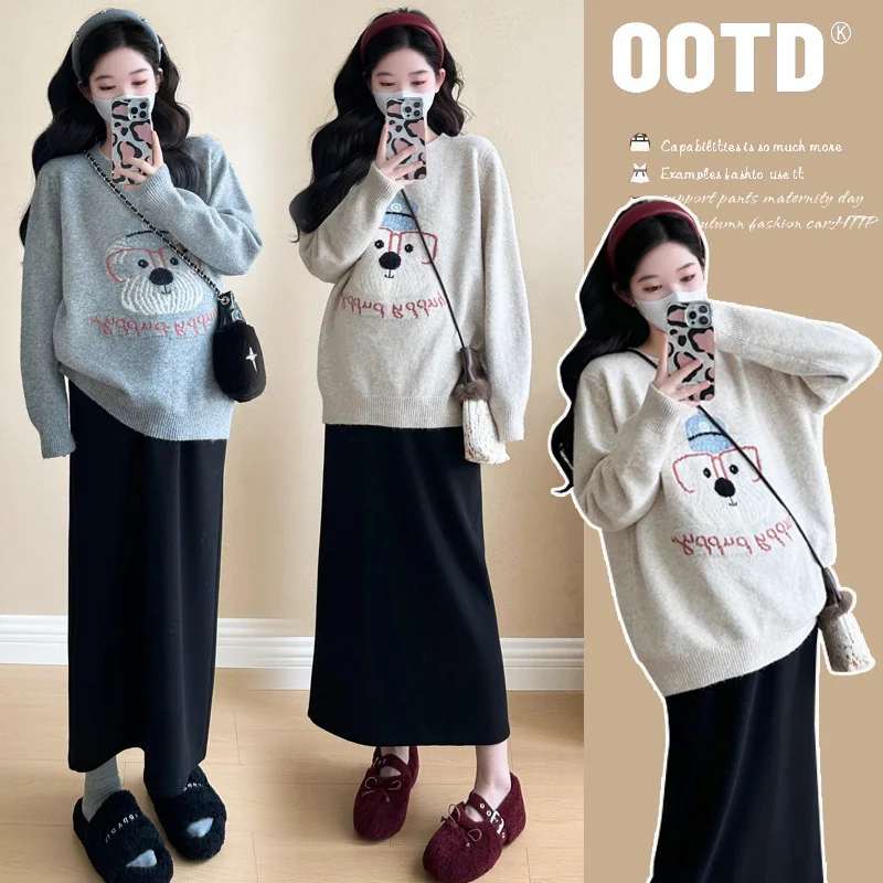 Maternity Suit 2025 Autumn New Arrival Korean Style Loose Cartoon Print Crew Neck Sweater And Black Midi Skirt Two Piece Set