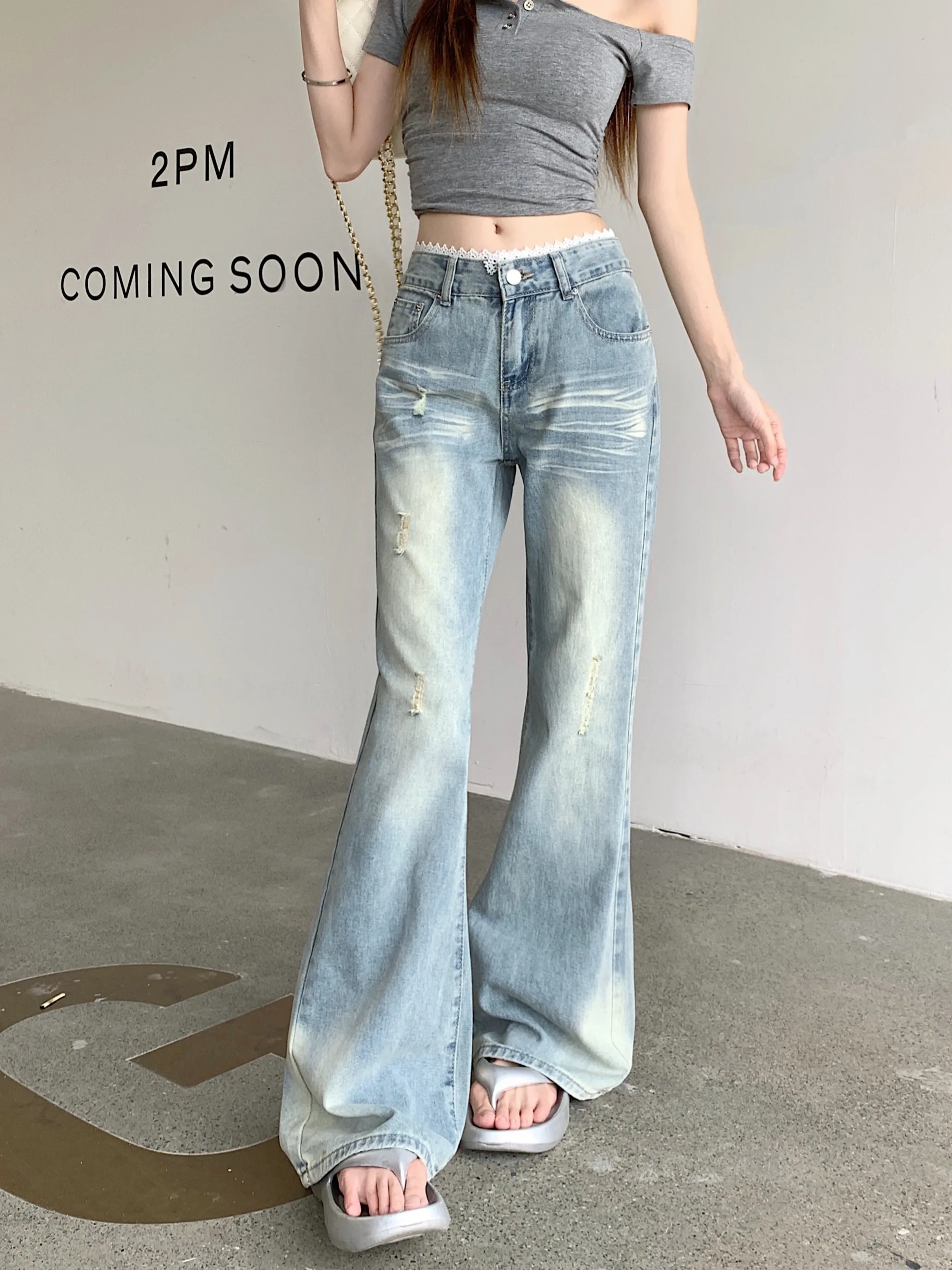 

Retro Washed Low Waist Bell Bottom Jeans Women's Spring Lace Trimmed Light Blue Slim Straight Long Pants Ladies Jeans
