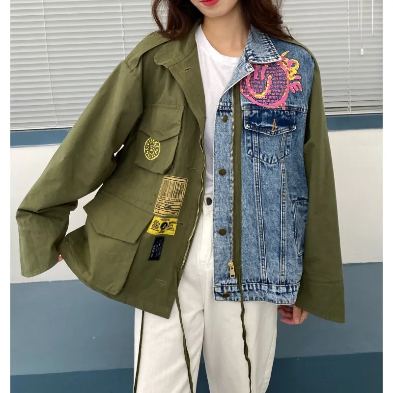 الاتجاه ربيع الخريف الدنيم المرقعة سترة طباعة سترة اسكواش الشارع الشهير كل مباراة فضفاضة الدنيم سترة المرأة بأكمام طويلة