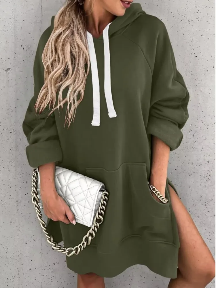 Fashion Solid Hooded Long Tops For Women Casual Loose Long Sleeve Hoodie Top With Pocket Female Autumn Winter Warm Ladies Tops