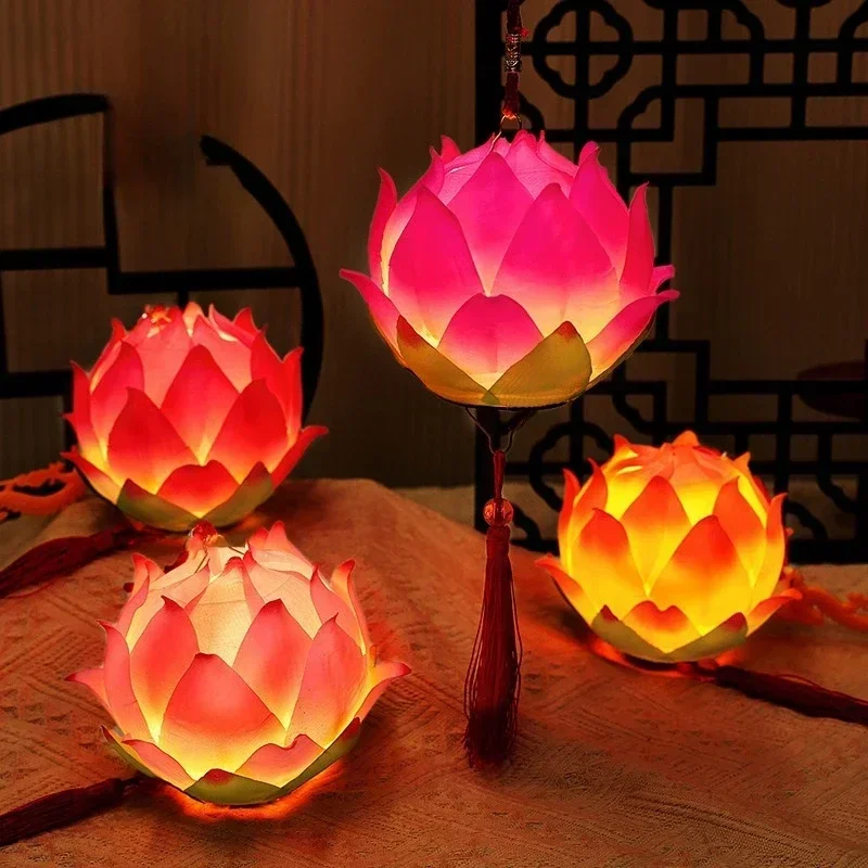 Mid-Autumn Festival Hand-held Lotus Lantern Chinese Festive Atmosphere Decoration Prop Children's Handmade DIY Glowing Light