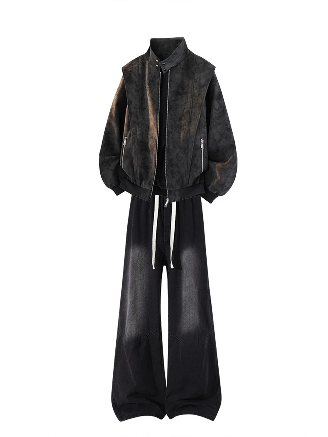 

American Dyed Deconstructed Jaet Set Men's Spring Waed Straight Leg Jeans Coat Two Piece Set Youth Long Sve Long Pants