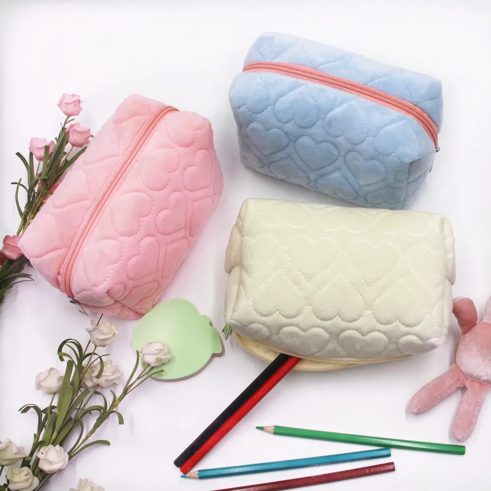 Travel Plush Heart Cosmetic Storage Bag Wallet Cute Women Makeup Kits Organizer Handbag Phone Pencil Case Box Pouch Bags