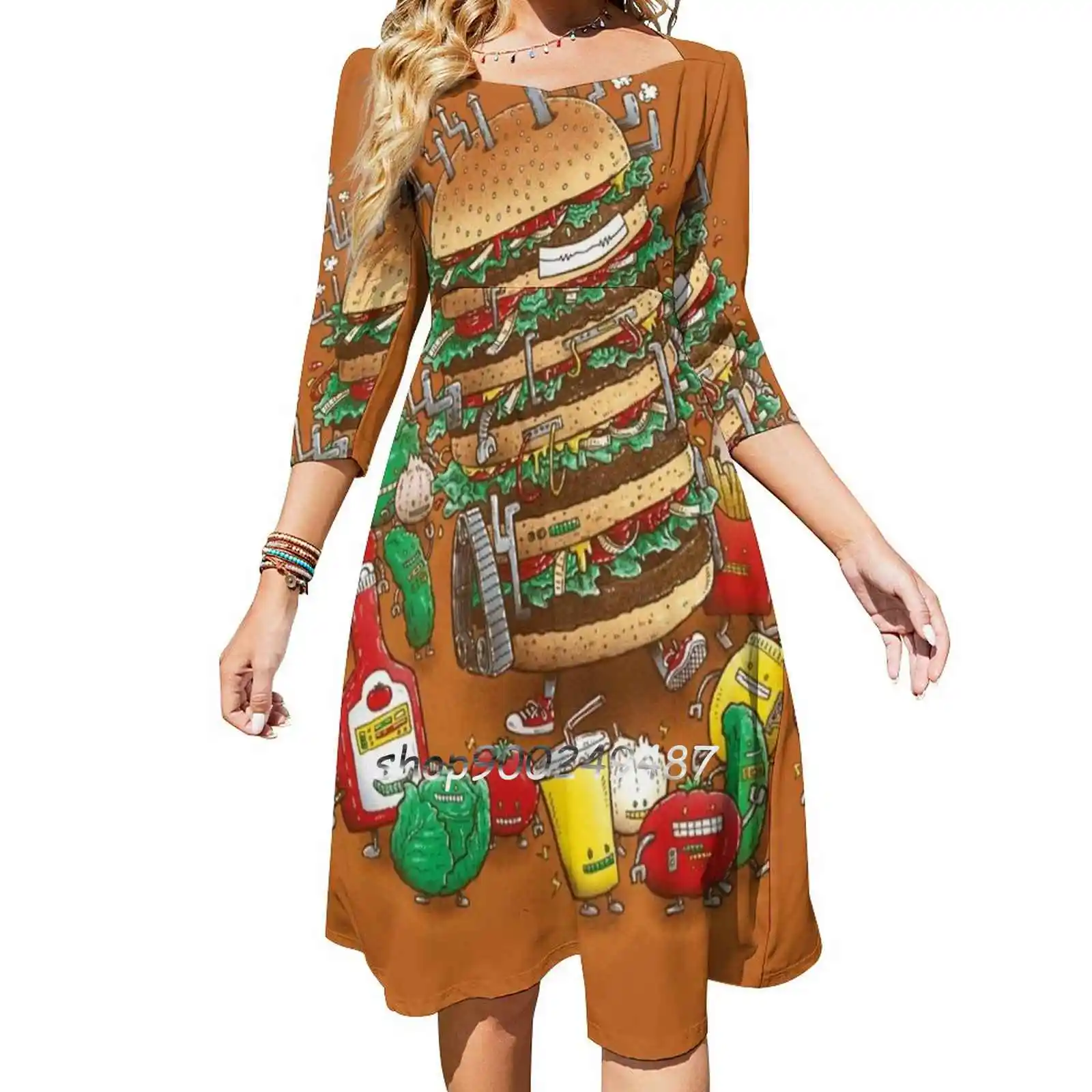 Uber Burgerbot Long Sleeve Sexy Dresses For Women 2022 Ladies Vintage Elegant Party Dress Burger Hamburger Robot Ketchup