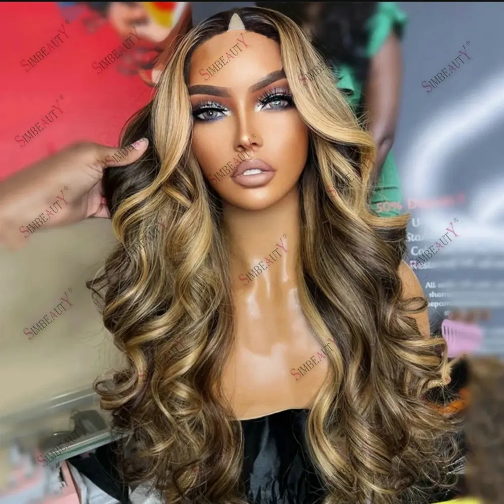 

Honey Blonde Hightlight Brown Indian Human Hair Full Machine Made Body Wave Glueless 1*4Size V/U Part Wig Human Hair for Women