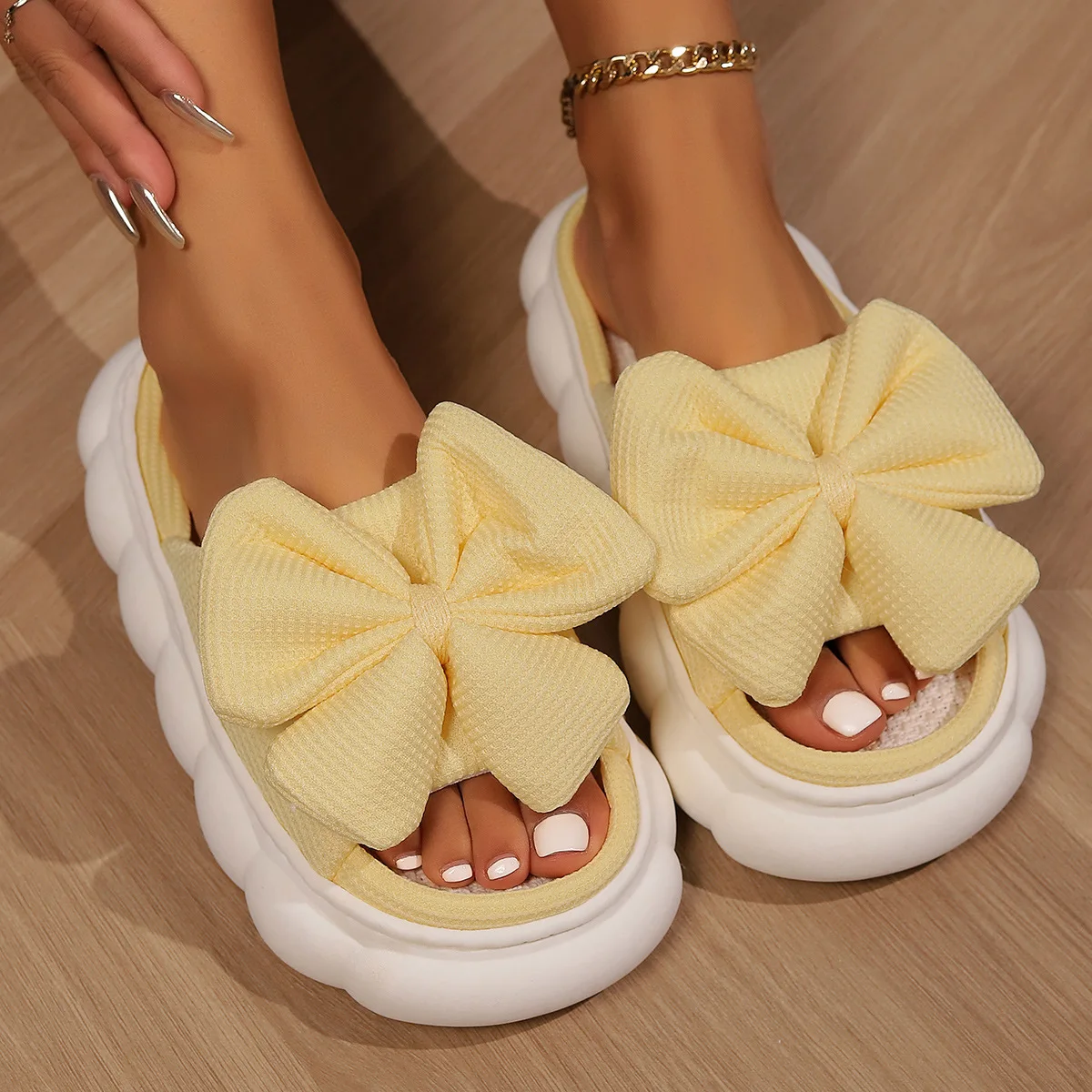 Big Bow Knot Cotton Linen Slippers For Women Home Floor Shoes Thick Sole Anti-slip Breathable Fabric Female Indoor Slides