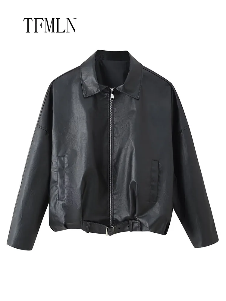 TFMLN 2025 الخريف المرأة السببية فو سترات من الجلد موضة التلبيب سستة فضفاض الشارع معاطف الرجعية كم طويل حزام أبلى