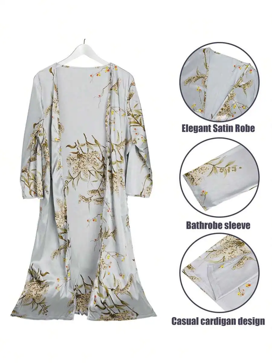 

Elegant Satin Robe With Floral Print Casual Cardigan Sleepwear For Women