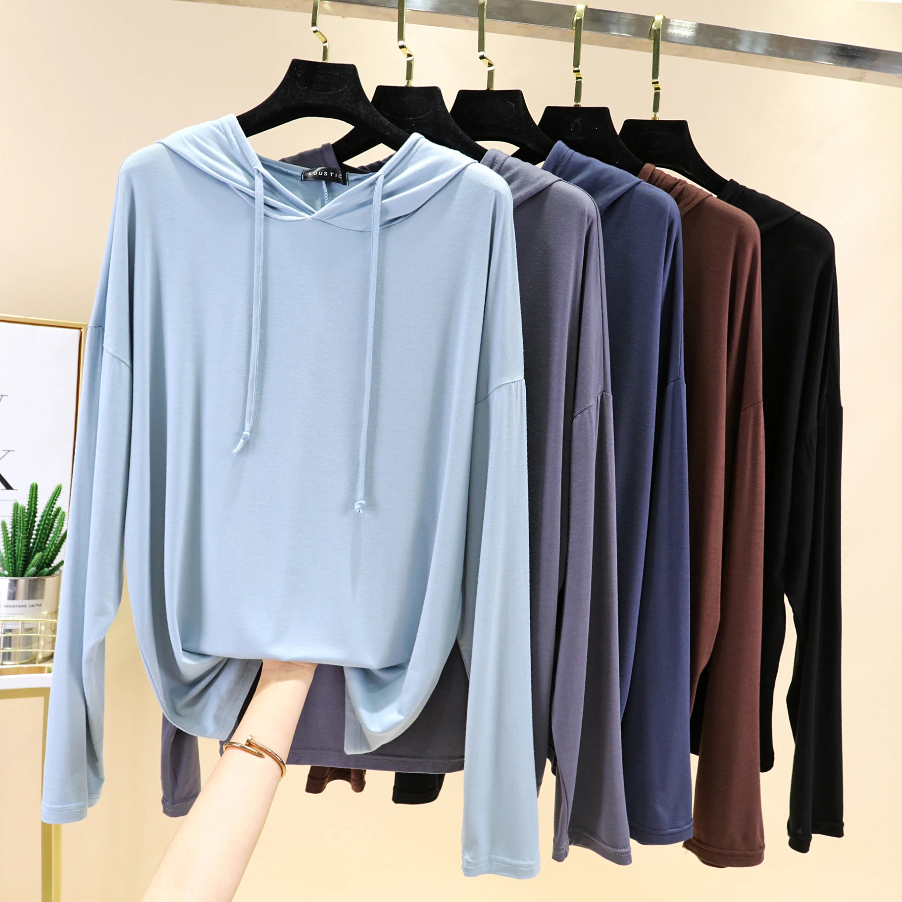 Loose Modal Long Sleeve T-Shirt Women's Spring Summer plus Size Hoodie Oversize Outerwear Base Layer Shirt  Color Thin Top