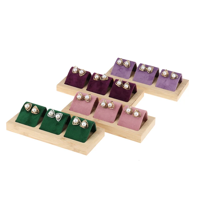 Velvet  Earrings Display with Bamboo Wood base small ear stud Stand Jewelry Storage Tray for Window Counter Props Showcase