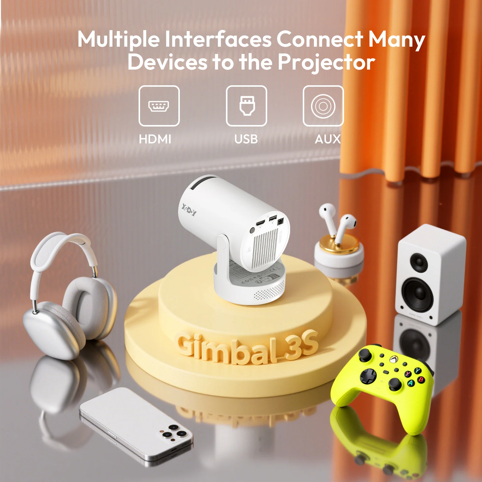 جهاز عرض XGODY محمول Gimbal 3S 12000LM 4K 2.4G/5G WiFi بلوتوث 5.4 أندرويد 11 جهاز عرض محمول للمسرح المنزلي الصغير