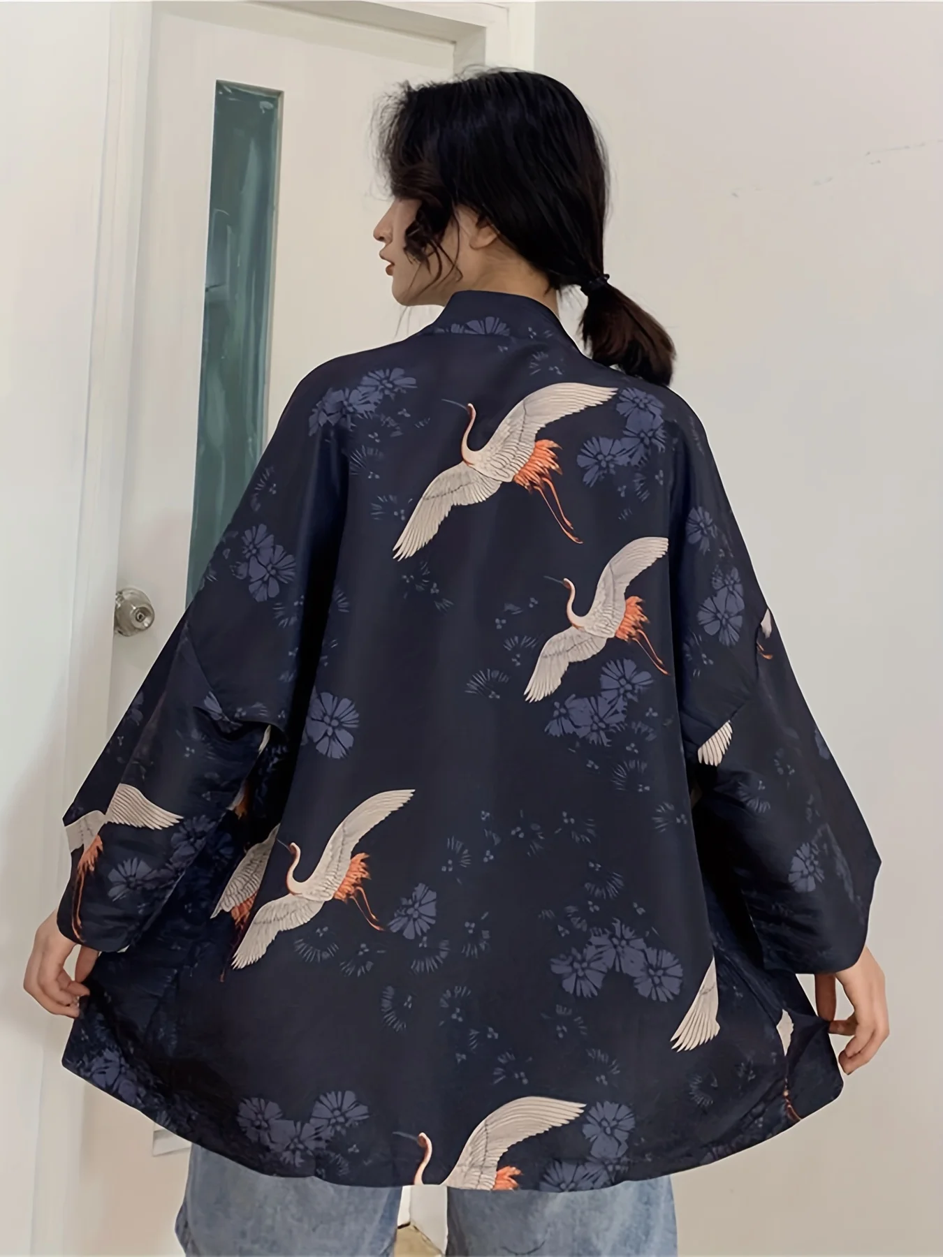 Japanese Zefeng loose seven-point sleeved Tsuru Haji Cardigan Japanese modified Hanfu Tang Dress kimono shawl Thin coat Role Pla