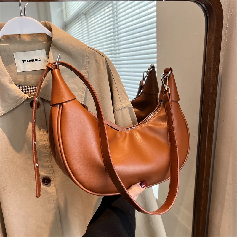 MOODS Half Moon Hobo Bags For Women 2023 Latest Luxury Designer Handbag Soft PU Leather Pure Color Shoulder Crossbody Armpit Bag