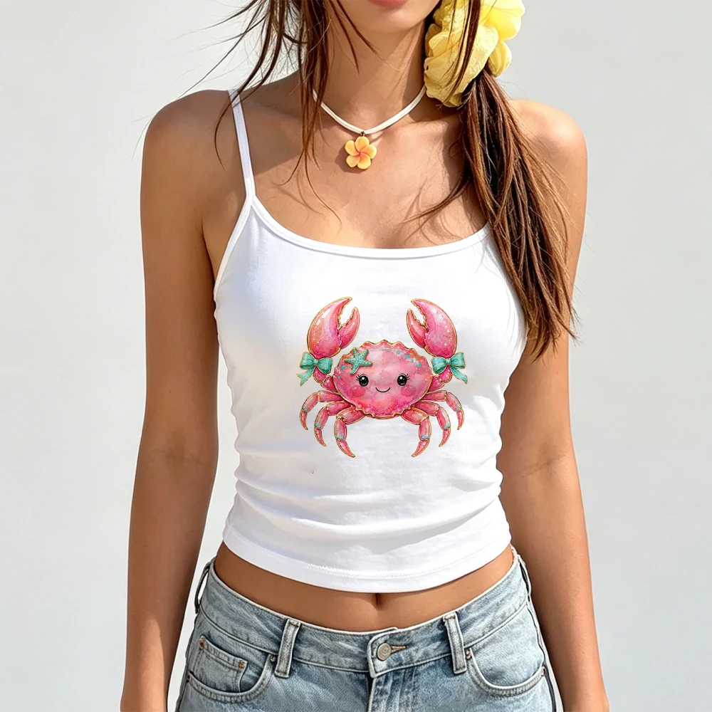 Summer Sea Cami Women Pink Crab Pattern Tank Top Sleeveless Vest Beach Party Tee Soft Girl Aesthetic Wear Cool Vacation