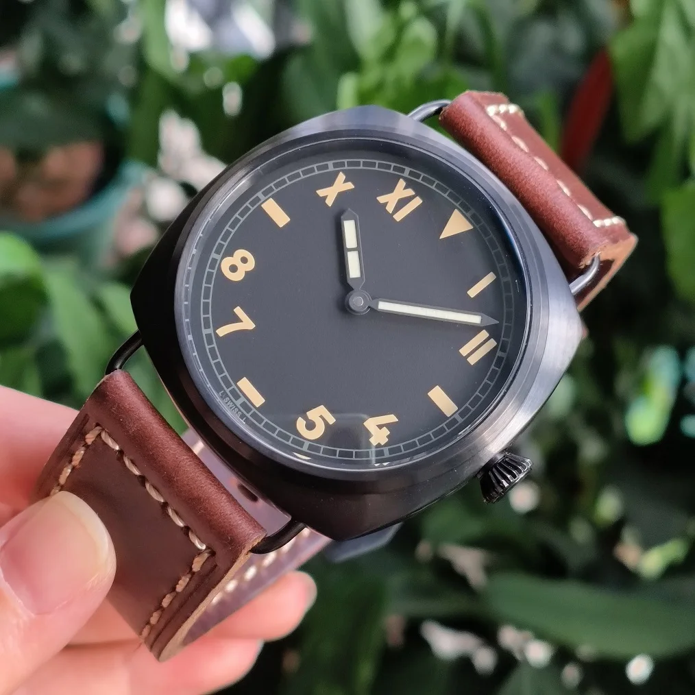 47mm none logo Mechanical Hand Wind watch 316L Stainless steel Black case Black California dial Brown number ST3600 movement