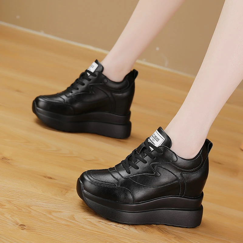 Womens White Hidden Wedge Sneakers Platform Casual Lace Up Low Top Shoes With Orange Sole For Daily Street Style Simple Fashion