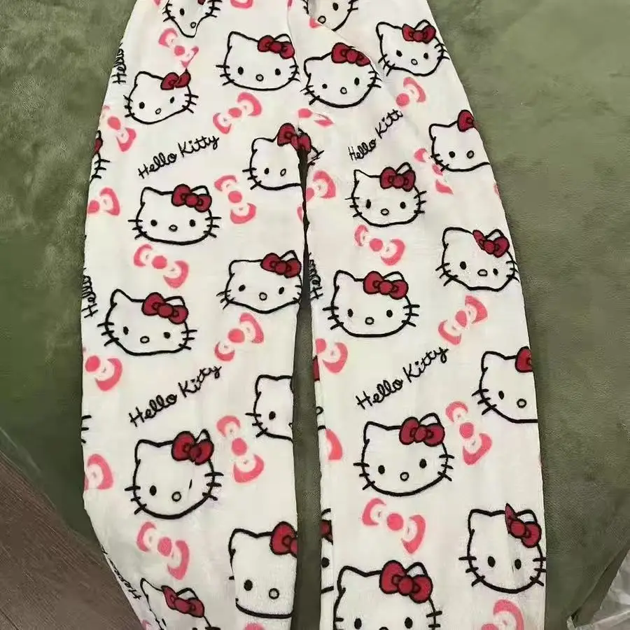 Kawaii Kuromi KT Pajamas Women Girls Winter Anime Warm Pants Casual Loose Coral Velvet Elastic Soft Christmas Party Trousers