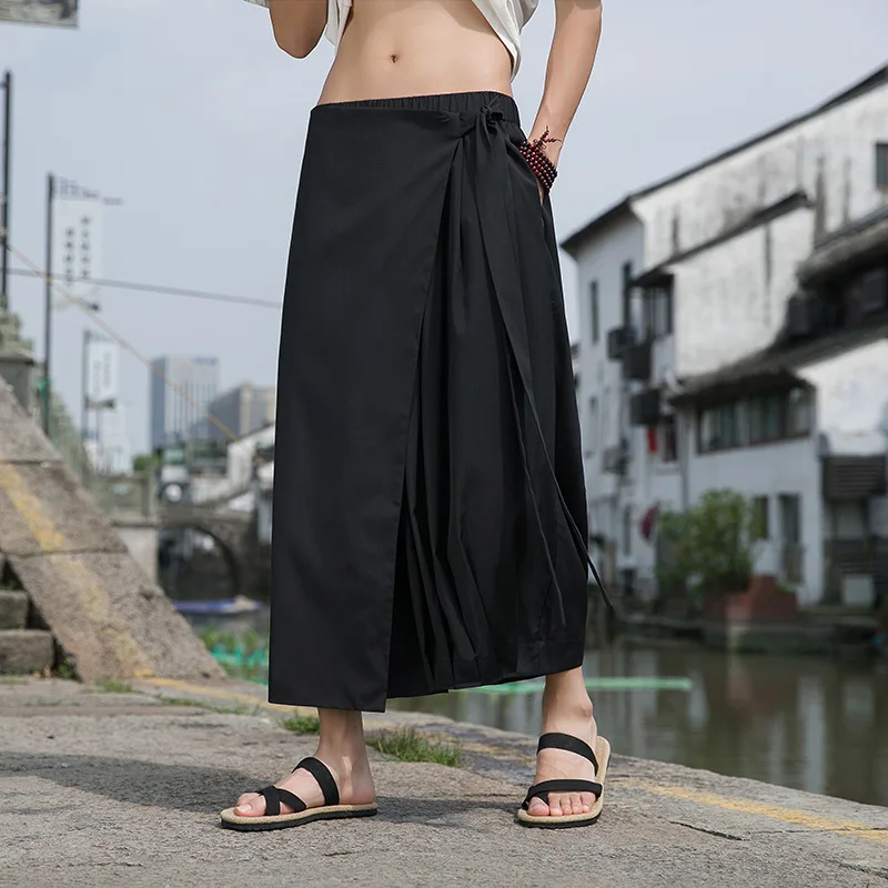 

Summer New Men's Pants Black Chinese Style Men's Loose Black Samurai Pants Irregular Sense Culottes Straight Kendo Men's Pants