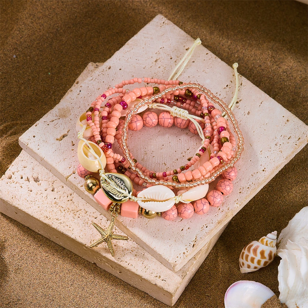 Bohemian Shell Starfish Beads Elastic Bracelet Set for Women Colorful Resin Conch Layered Bracelet Summer Party Jewelry Gift view 6