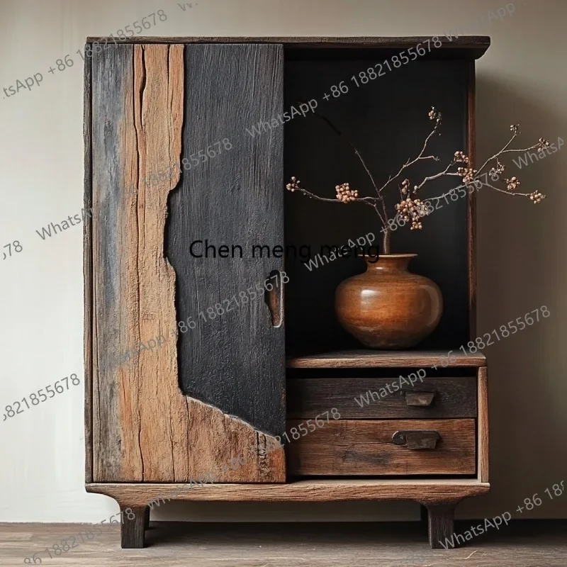 

F150 Wabi Sandy Wind Solid Wood Against the Wall Side Cabinet Retro Old Tea, Entrance Cabinet Storage, Coffee Cabinet