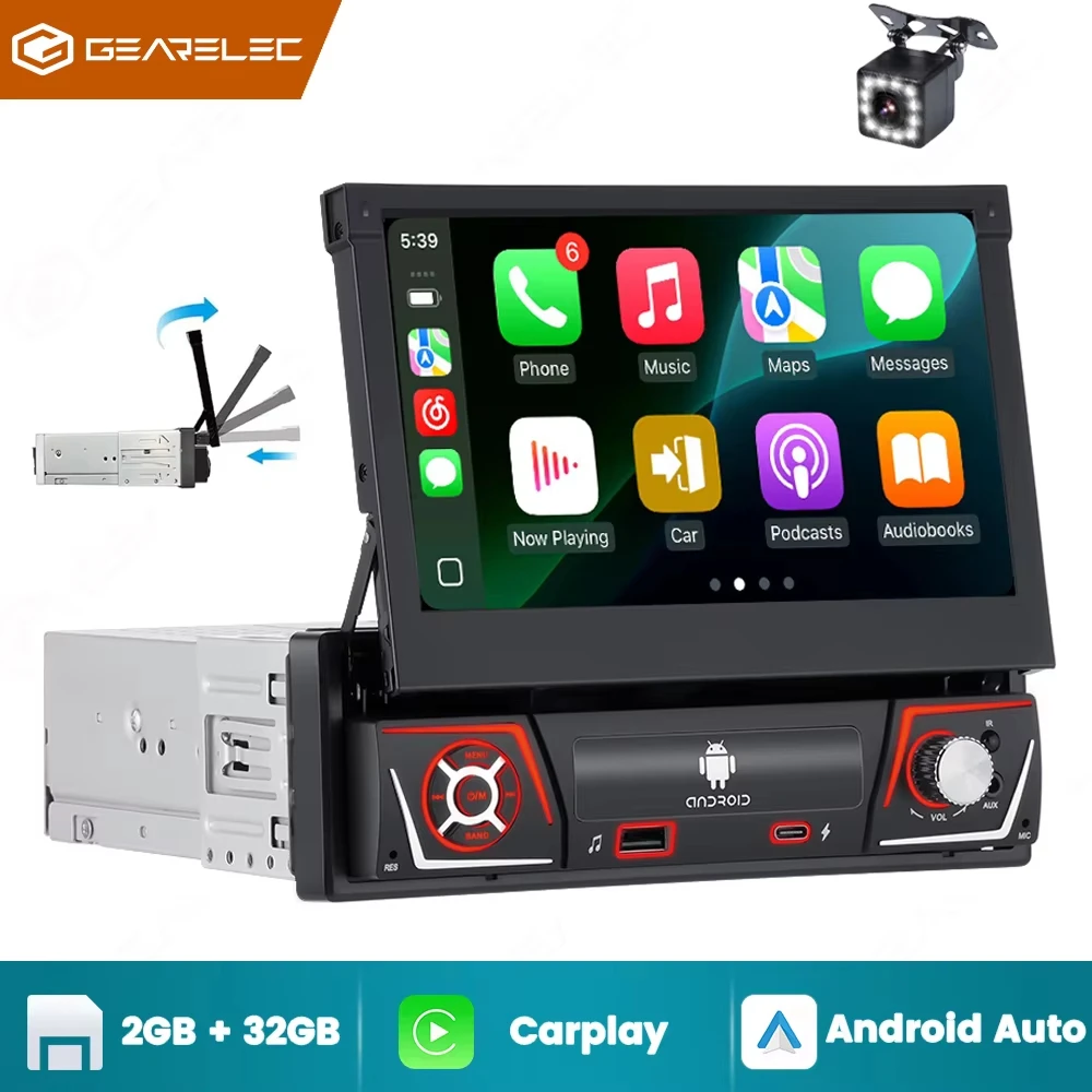 1-DIN Android 13 Autoradio mit Kabellosem CarPlay, 7-Zoll Ausziehbarer HD-Touchscreen, Universeller Multimedia-Videoplayer, FM-Stereo