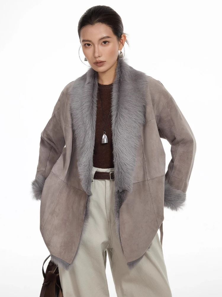 High-end luxe Toscana lamsbont winter suède jassen voor dames eenvoudige elegante lederen echt bont shearling jas met riem