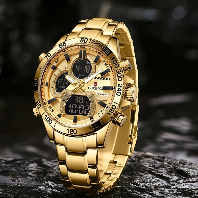 FOXBOX Luxury Original Men Sports Wrist Watch Gold Quartz Steel Waterproof Dual Display Clock Watches Relogio Masculino For Men
