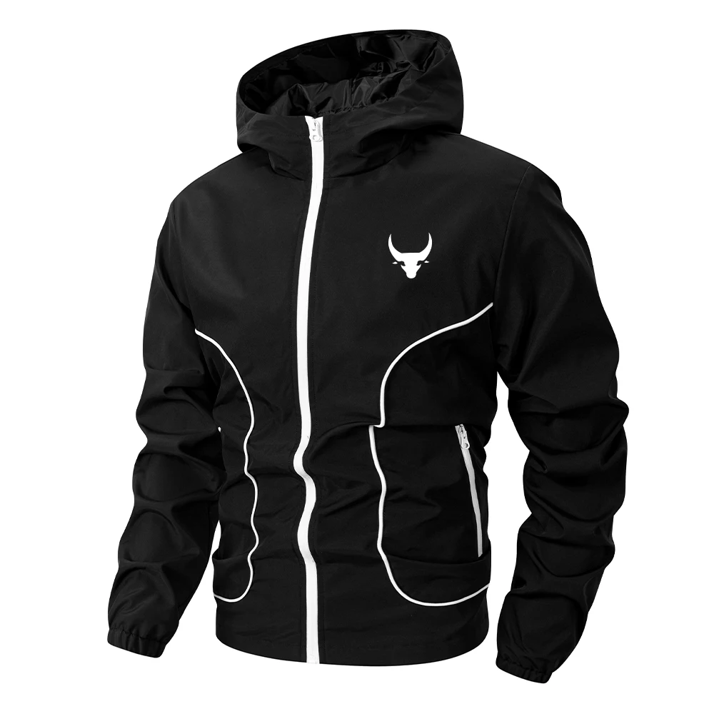 Men's Zip Up Hooded Jacket With Bull Head Print And Multi Pockets Windproof Outerwear For Hiking Running Commute And Sports