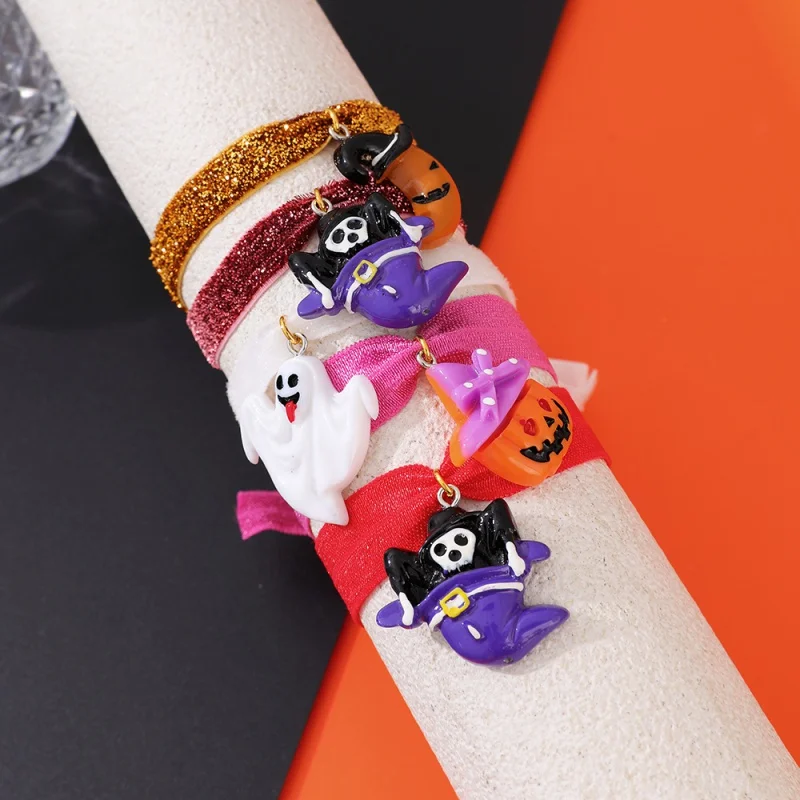 Halloween Glitter Fabric Ribbon Pumpkin, Ghost, and Moon Charms Halloween Bracelet