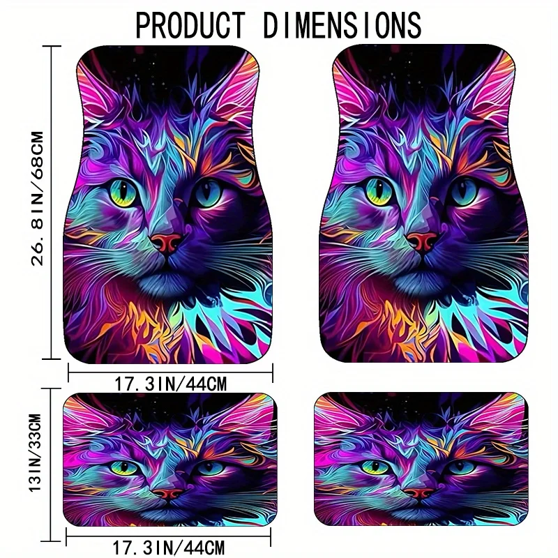 4pcs Colorful Blue-Purple Cat Pattern Car Floor Mats | Universal Fit, Polyester, Suitable For All Vehicles, Fits Front And Rear