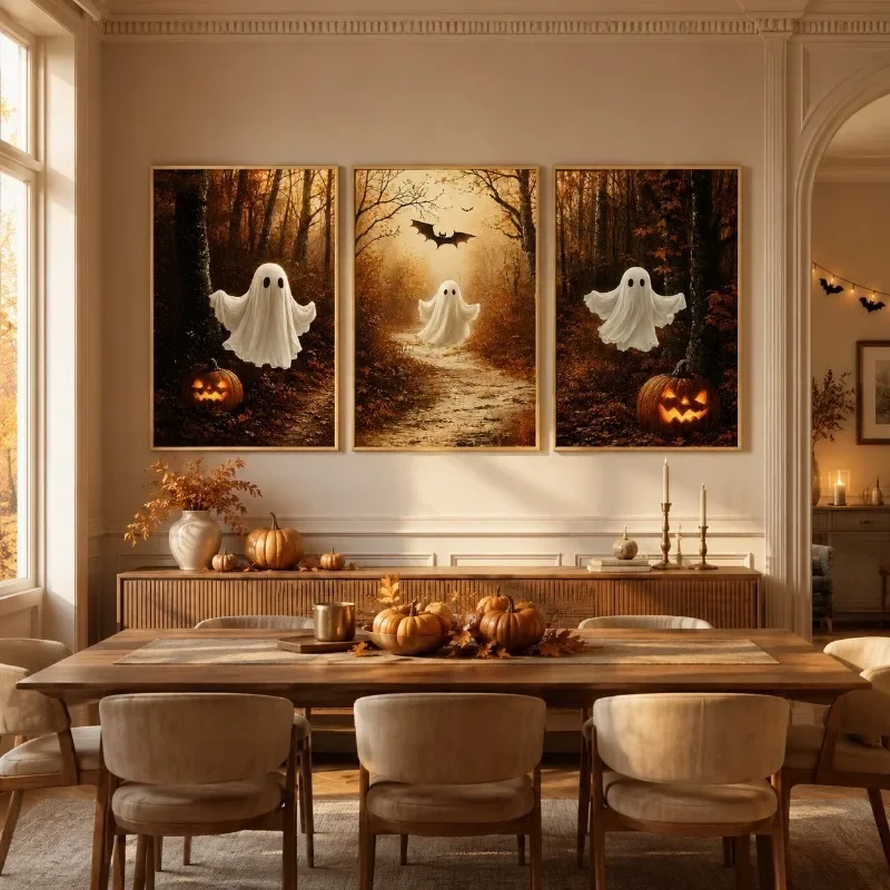 （Unframe 3PCS）-3PCS Cozy Autumn Ghost Walking in Woods Painting, Halloween Pumpkin Lantern Canvas Prints for Home Halloween D