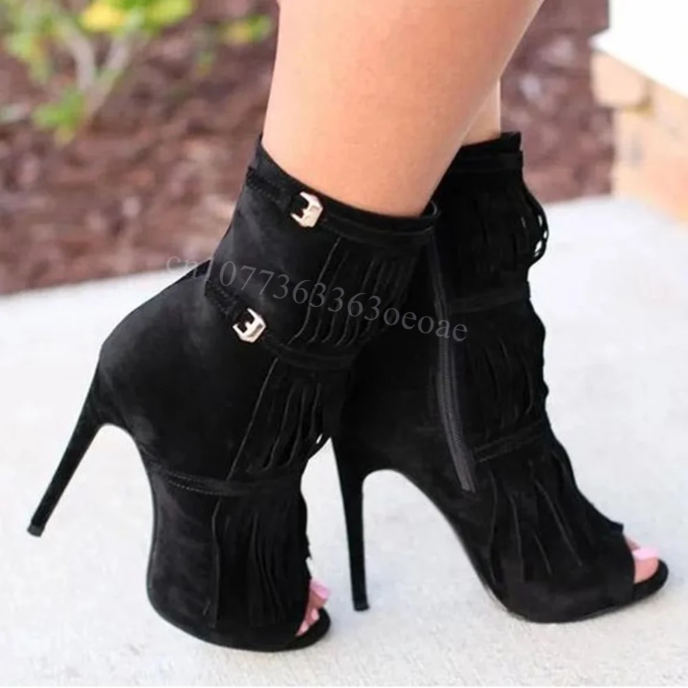 

Black Suede Tassel Strap Decor Ankle Boots Peep Toes Shoes for Women Thin High Heels Fashionable Shoes 2024 Zapatos Para Mujere