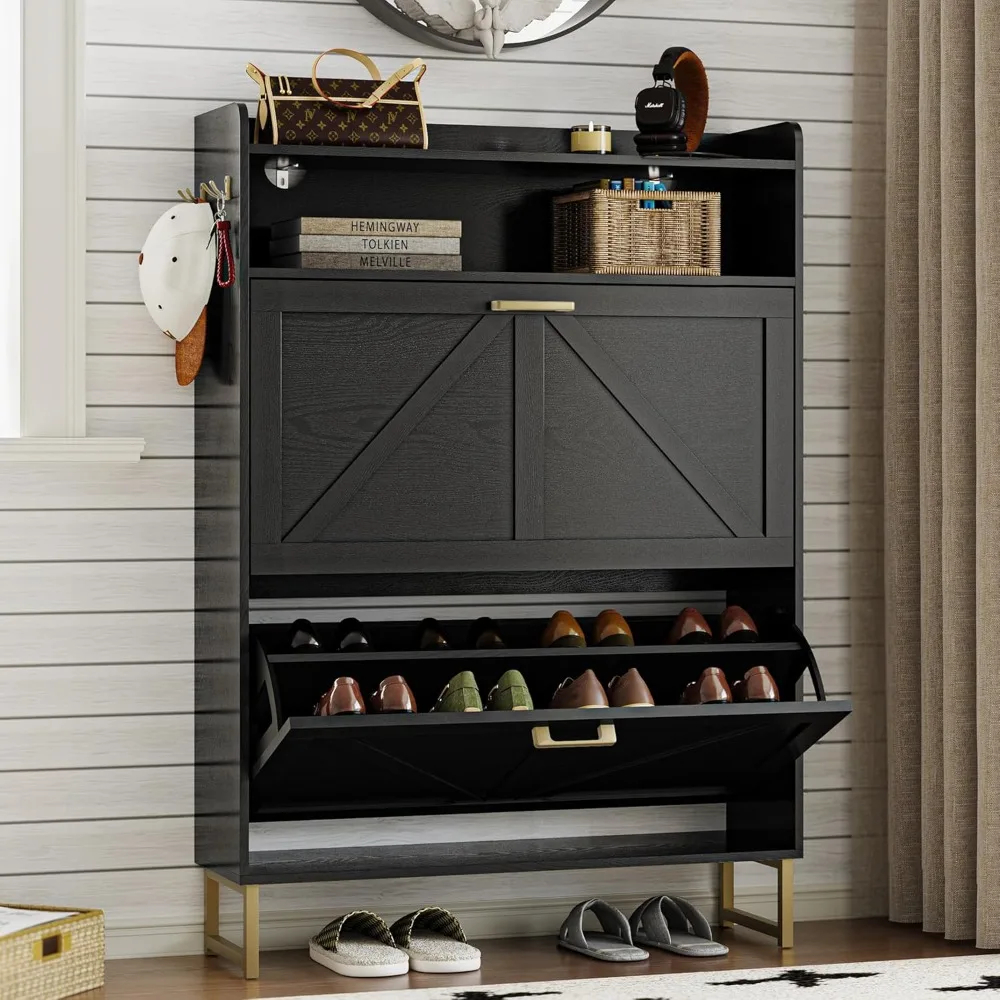 

Shoe Cabinet with 2 Flip Drawers Narrow Shoe Storage Cabinet Organizer Wooden Freestanding Shoe Rack Hidden Slim Shoes