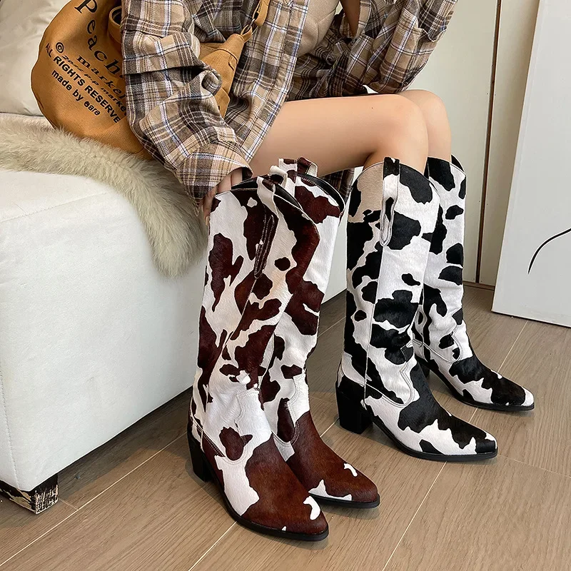 Black Leather Women Knee High Knight Boots Cow Pattern Long Ladies Shoes Slip-On Botas Mujer Chunky High Heels Sapatos Feminino