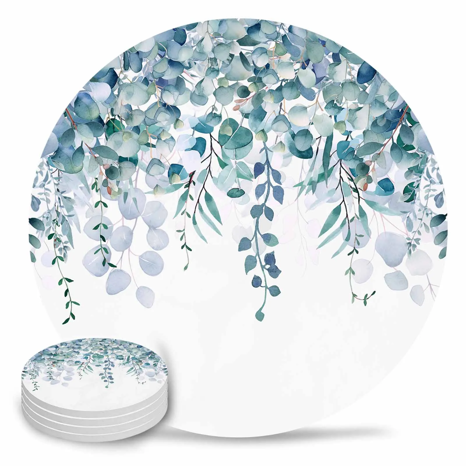 Spring Hand-Painted Eucalyptus Leaves Ceramic Coaster Set Kitchen Table Round Placemat Luxury Decor Coffee Tea Cup Coasters