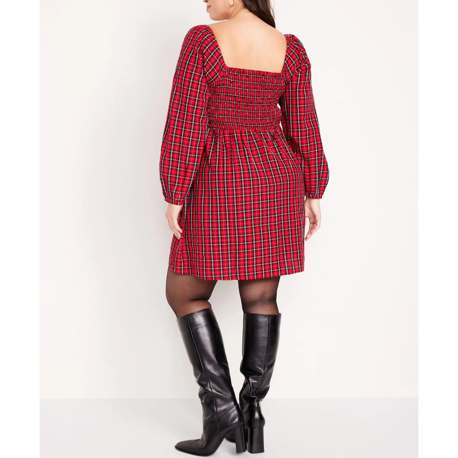 Women's Plaid Print A-line Dress Retro Long Sleeve U-Neck Mini Dress with Pockets for Christmas Party